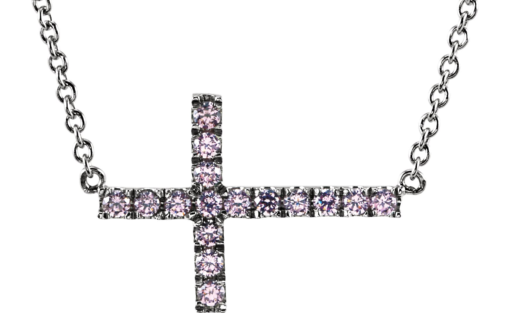 Sterling Silver Pink Cubic Zirconia Sideways Cross 18