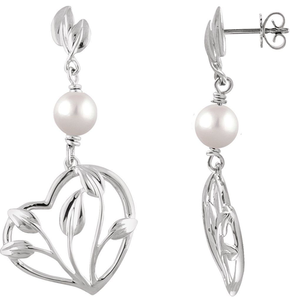 14K White Cultured White Freshwater Pearl Leaf & Heart Earrings