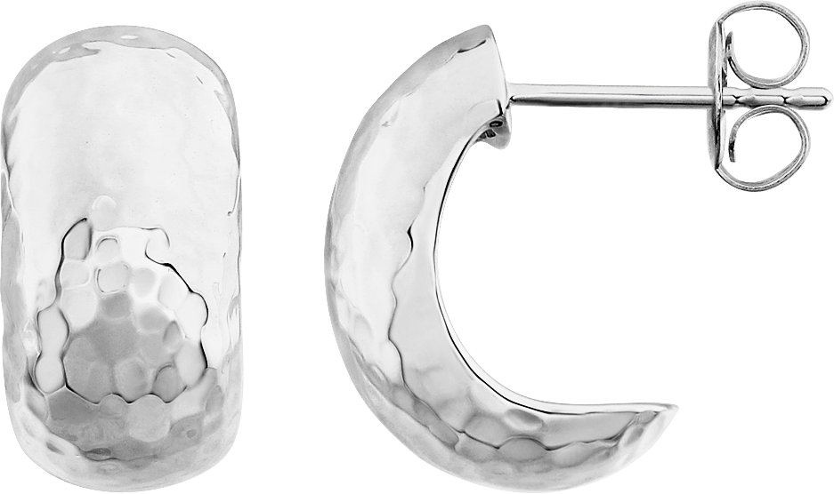 14K White Hammered Hollow J-Hoop Earrings