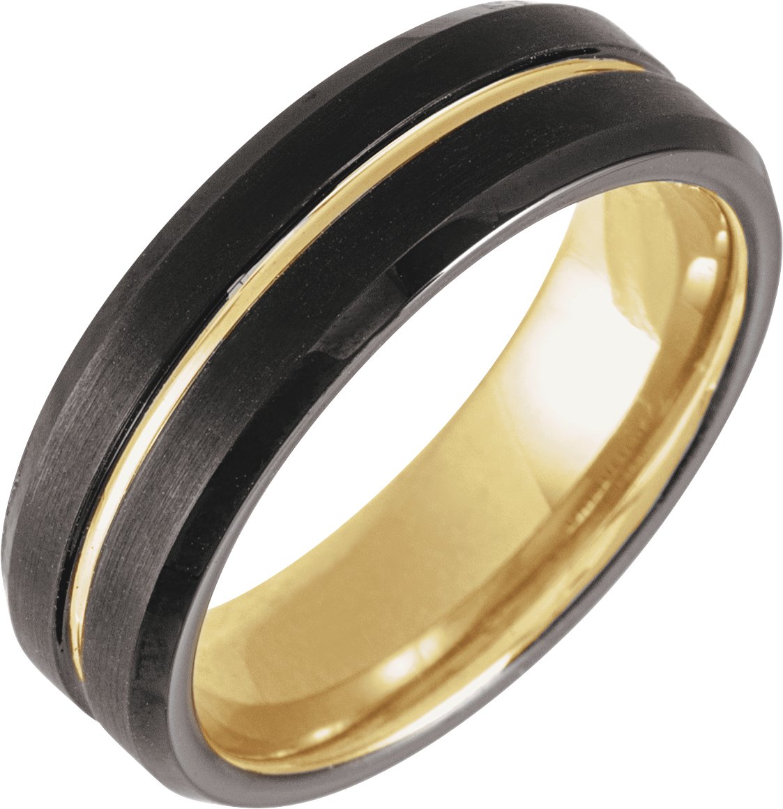 18K Yellow Gold PVD & Black PVD Tungsten 7 mm Grooved Beveled Band Size 10