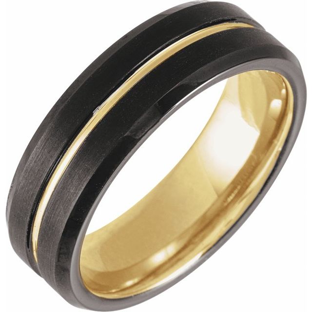 18K Yellow Gold PVD & Black PVD Tungsten 7 mm Size 10 Grooved Band