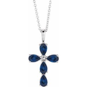 14K White Natural Blue Sapphire Cross 16-18" Necklace