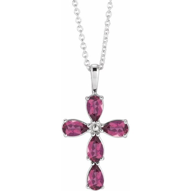 Sterling Silver Natural Pink Tourmaline Cross 16-18
