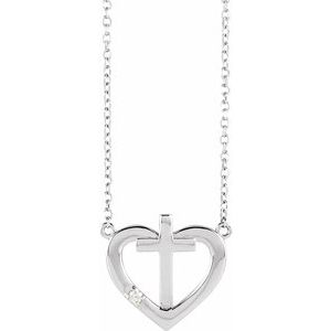14K White .015 CT Natural Diamond Heart & Cross 18" Necklace