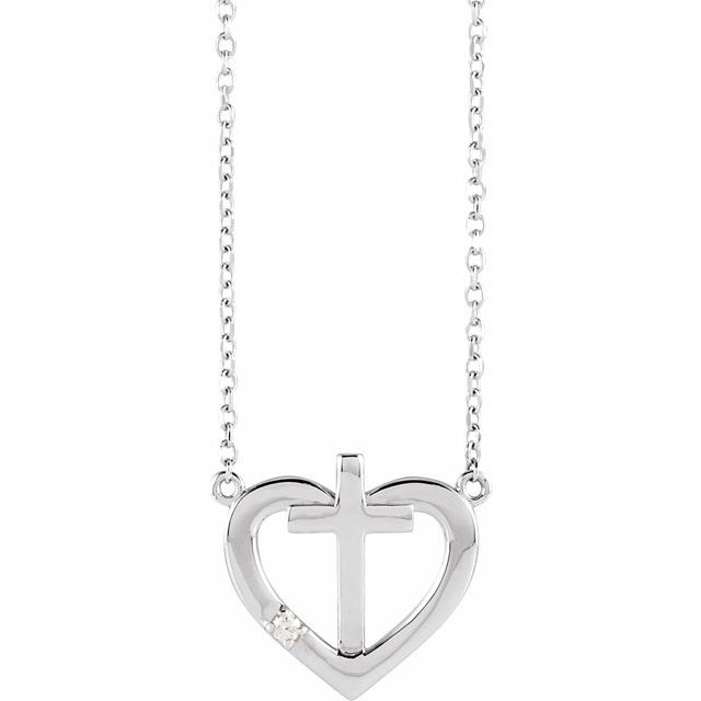 14K White .015 CT Natural Diamond Heart & Cross 18 Necklace