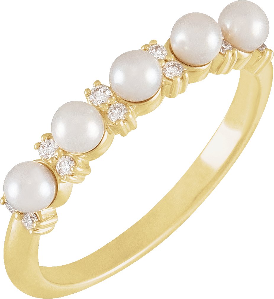 14K Yellow Cultured White Seed Pearl & 1/10 CTW Natural Diamond Anniversary Band