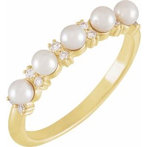 14K Yellow Cultured White Seed Pearl & 1/10 CTW Natural Diamond Anniversary Band