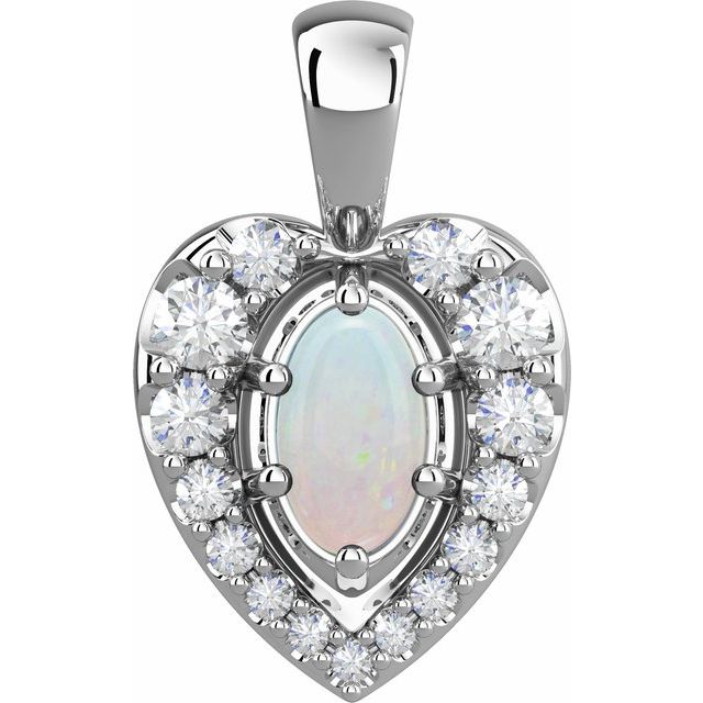 14K White Natural White Opal & 1/8 CTW Natural Diamond Pendant