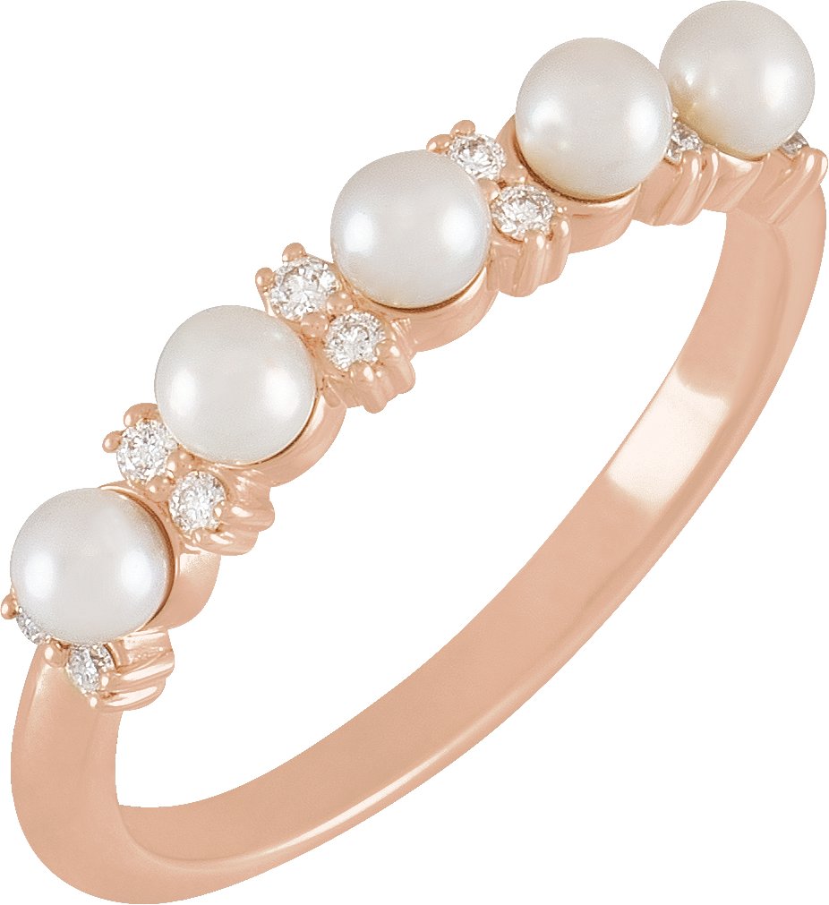 14K Rose Cultured White Seed Pearl & 1/10 CTW Natural Diamond Anniversary Band