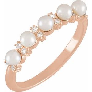14K Rose Cultured White Seed Pearl & 1/10 CTW Natural Diamond Anniversary Band