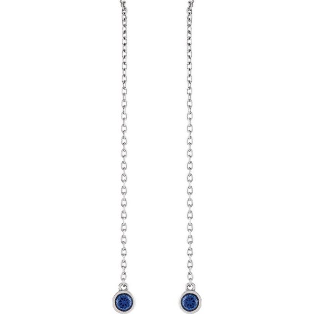 14K White Natural Blue Sapphire Chain Earrings