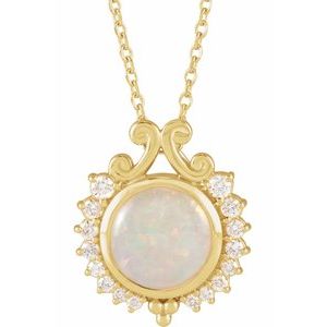14K Yellow Natural White Opal & 1/6 CTW Natural Diamond 
 16-18" Necklace