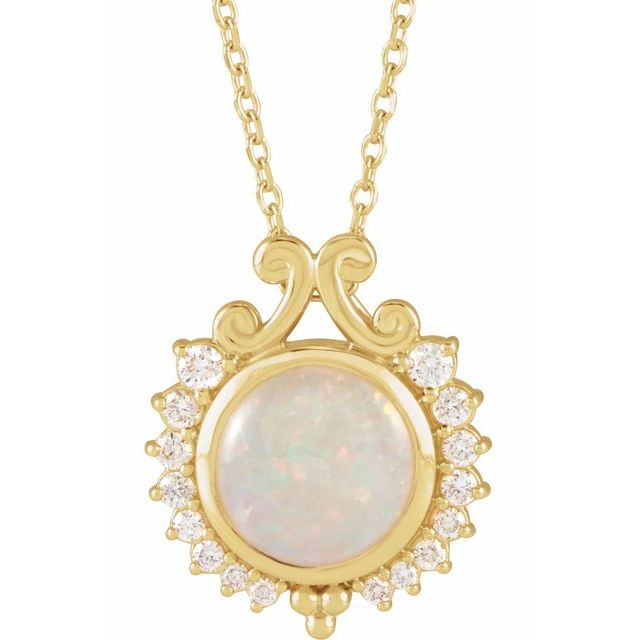 14K Yellow Natural White Opal & 1/6 CTW Natural Diamond 
 16-18 Necklace