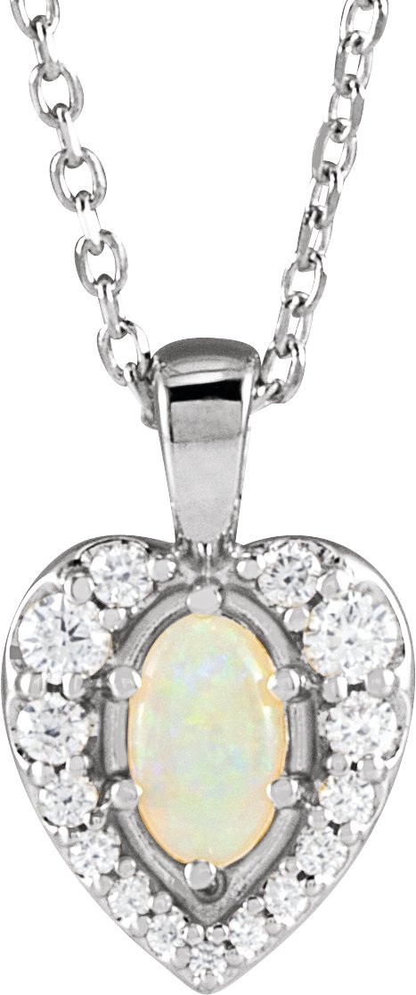 Sterling Silver Natural White Opal Cabochon and 0.13 CTW Natural Diamond 16 to 18 inch Necklace Ref 19373887