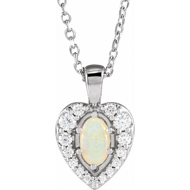 Platinum Natural White Opal Cabochon  & 1/8 CTW Natural Diamond 16-18