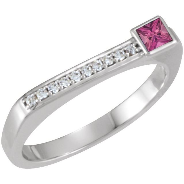 14K White Natural Pink Tourmaline & .07 CTW Natural Diamond Stackable Ring