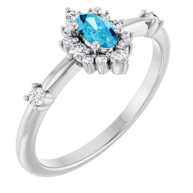 14K White Natural Aquamarine & 1/6 CTW Natural Diamond Halo-Style Ring