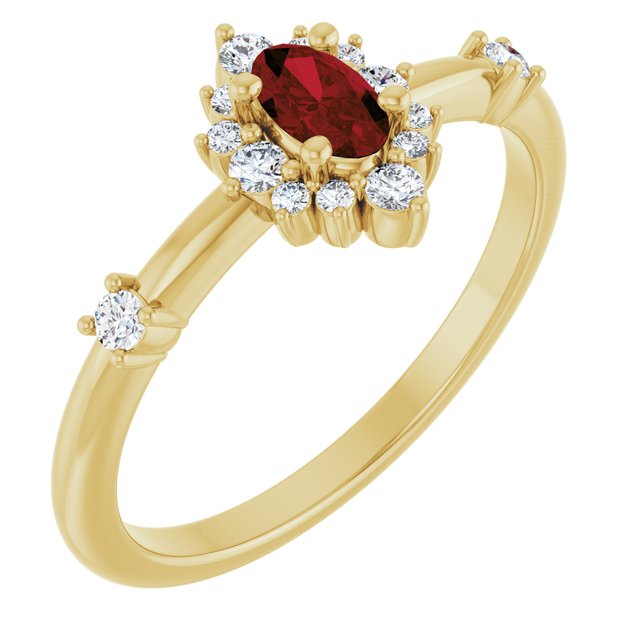 14K Yellow Natural Mozambique Garnet & 1/6 CTW Natural Diamond Halo-Style Ring