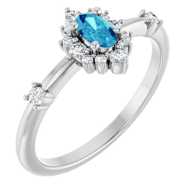 Platinum Natural Blue Zircon & 1/6 CTW Natural Diamond Halo-Style Ring