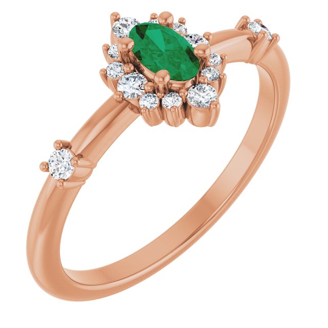 14K Rose Lab-Grown Emerald & 1/6 CTW Natural Diamond Halo-Style Ring