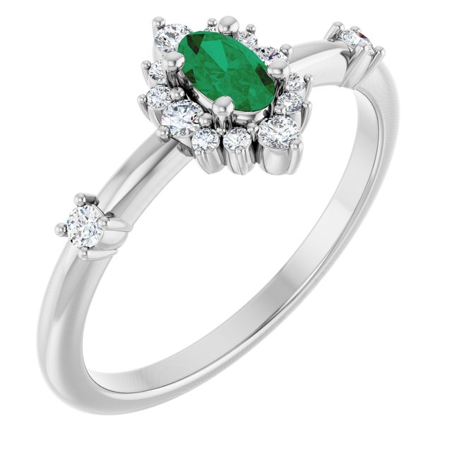 Sterling Silver Natural Emerald & 1/6 CTW Natural Diamond Halo-Style Ring