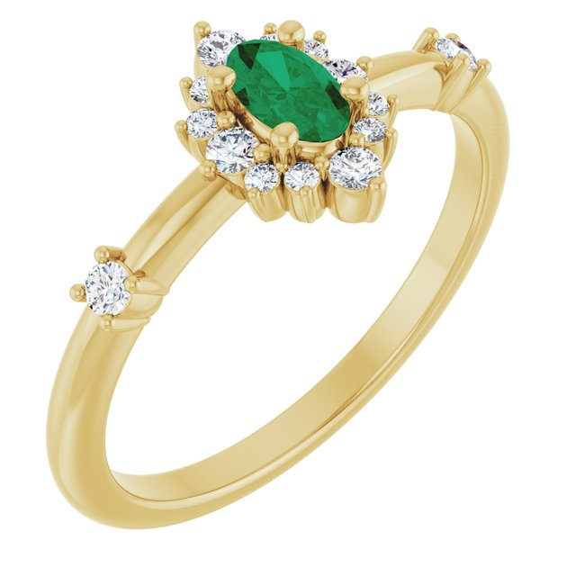 14K Yellow Lab-Grown Emerald & 1/6 CTW Natural Diamond Halo-Style Ring