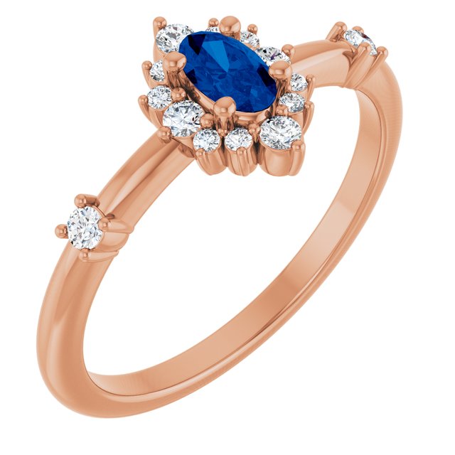 14K Rose Lab-Grown Blue Sapphire & 1/6 CTW Natural Diamond Halo-Style Ring