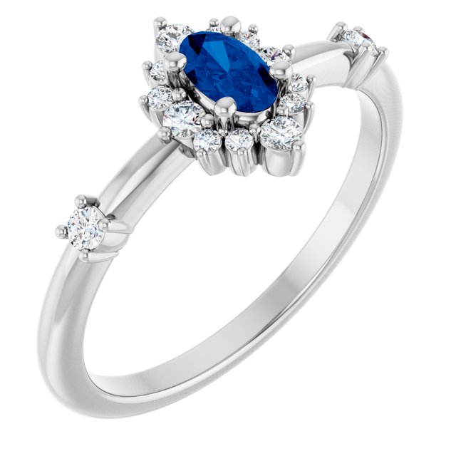 Sterling Silver Lab-Grown Blue Sapphire & 1/6 CTW Natural Diamond Halo-Style Ring