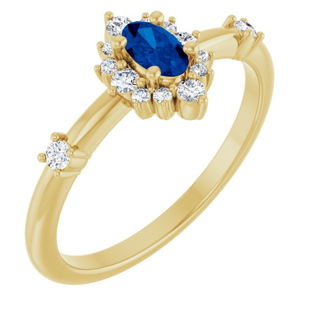 14K Yellow Lab-Grown Blue Sapphire & 1/6 CTW Natural Diamond Halo-Style Ring