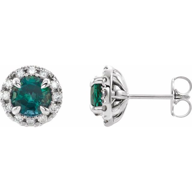 14K White 6 mm Lab-Grown Emerald & 1/3 CTW Natural Diamond Halo-Style Earrings