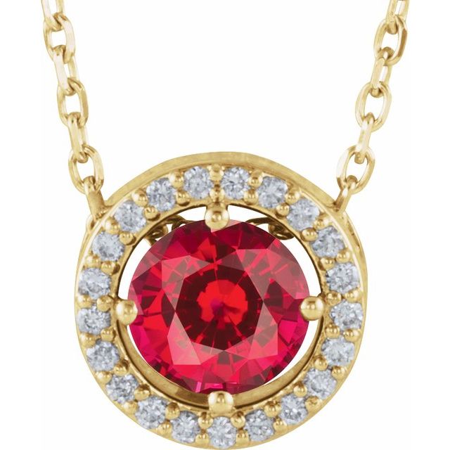 14K Yellow Lab-Grown Ruby & .05 CTW Natural Diamond Halo-Style 16