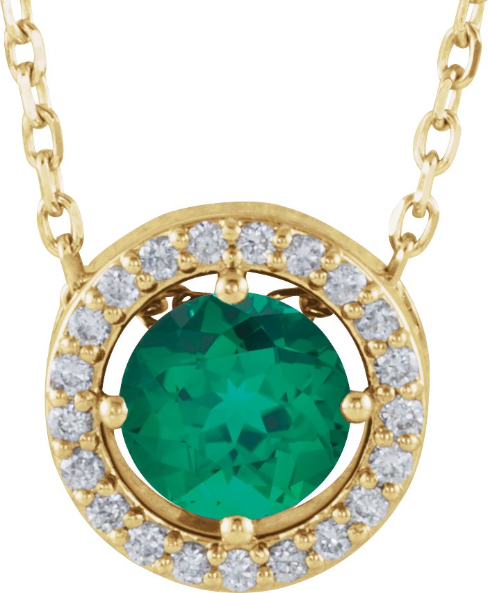 14K Yellow Lab-Grown Emerald & .05 CTW Natural Diamond Halo-Style 16