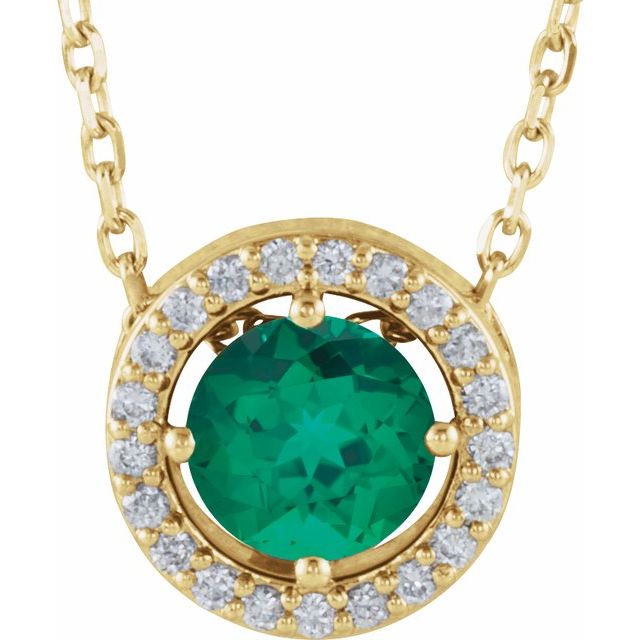 14K Yellow Lab-Grown Emerald & .05 CTW Natural Diamond Halo-Style 16