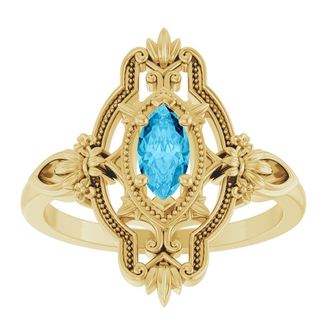 14K Yellow Natural Aquamarine Vintage-Inspired Ring 