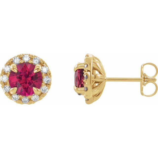14K Yellow 6 mm Lab-Grown Ruby & 1/3 CTW Natural Diamond Halo-Style Earrings