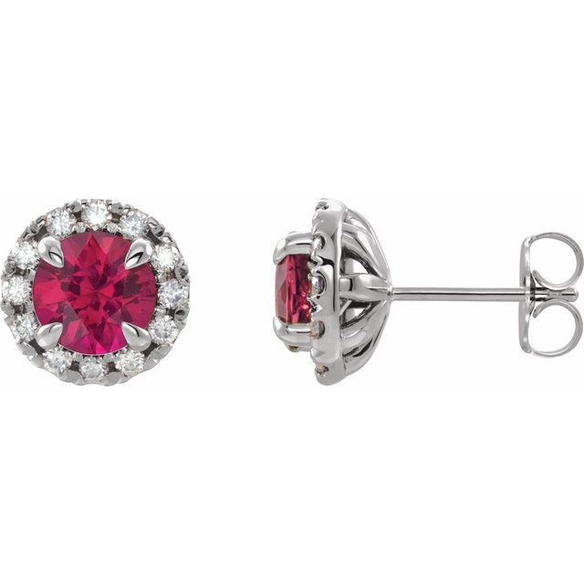 14K White 5 mm Natural Ruby & 1/3 CTW Natural Diamond Halo-Style Earrings