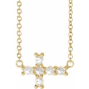 14K Yellow 1/8 CTW Rose-Cut Natural Diamond Sideways Cross 16-18" Necklace 