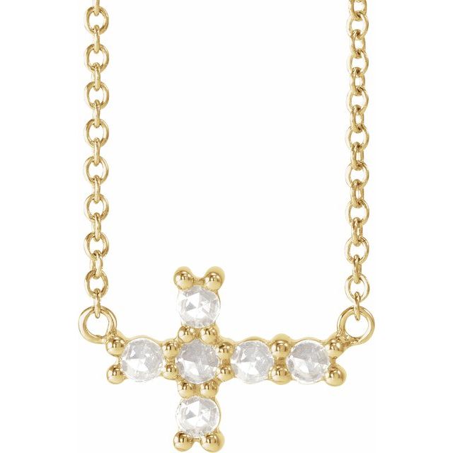 14K Yellow 1/8 CTW Rose-Cut Natural Diamond Sideways Cross 16-18 Necklace 