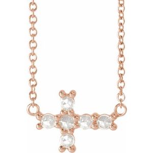 14K Rose 1/8 CTW Rose-Cut Natural Diamond Sideways Cross 16-18" Necklace 