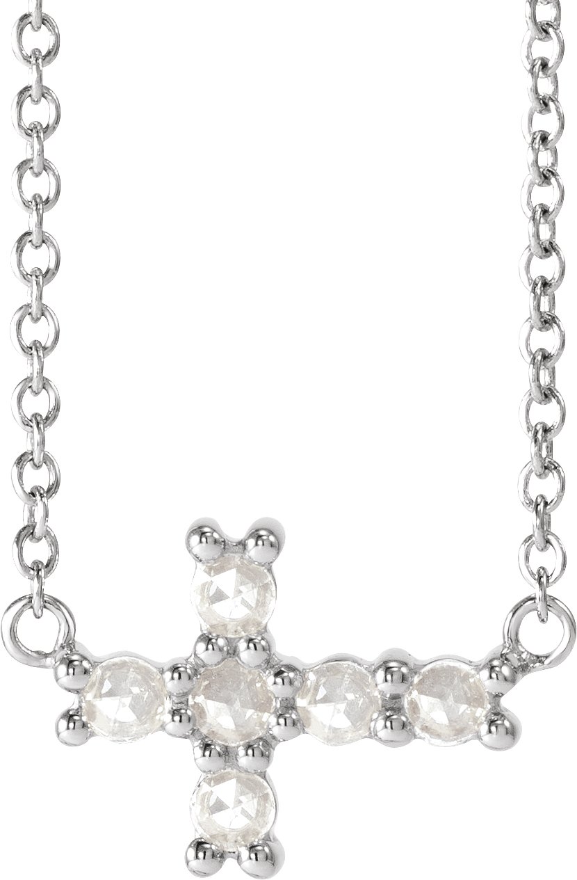 14K White 1/8 CTW Rose-Cut Natural Diamond Sideways Cross 16-18" Necklace 
