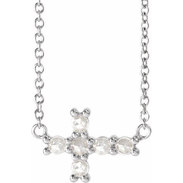 14K White 1/8 CTW Rose-Cut Natural Diamond Sideways Cross 16-18 Necklace 