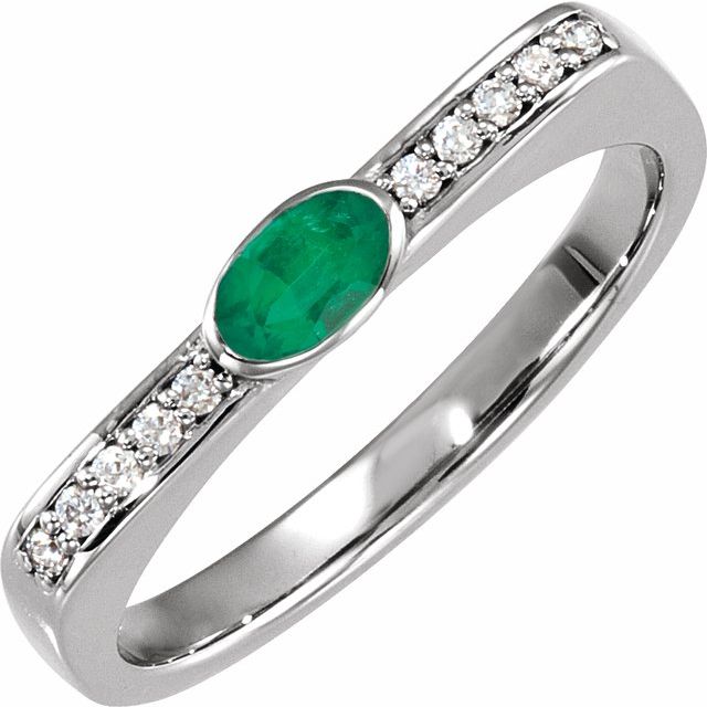 14K White Natural Emerald & .08 CTW Natural Diamond Stackable Ring