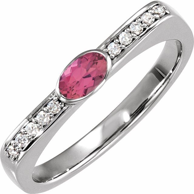 14K White Natural Pink Tourmaline & .08 CTW Natural Diamond Stackable Ring