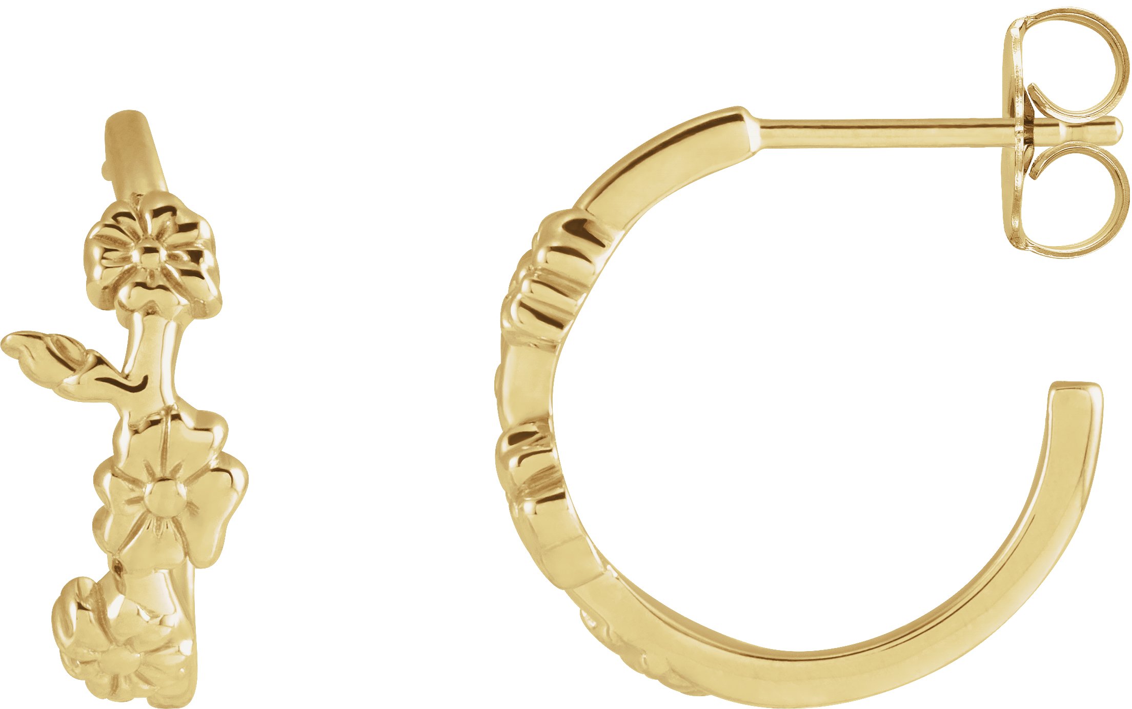 14K Yellow Floral Hoop Earrings