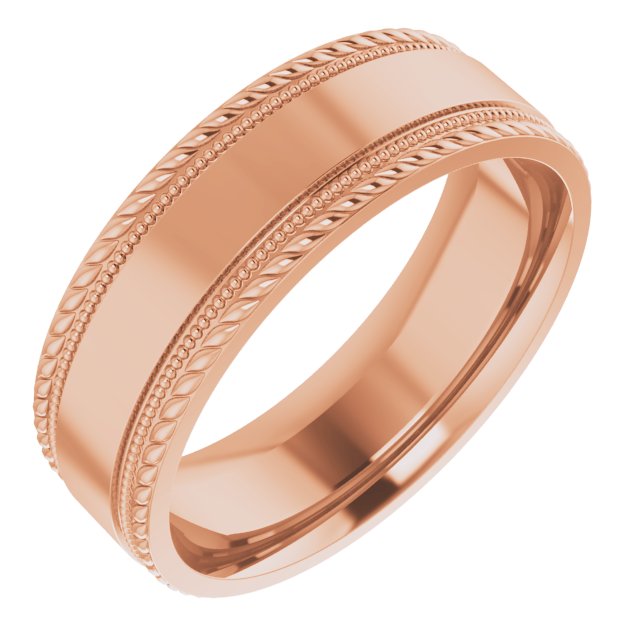 18K Rose 7 mm Patterned Edge Band Size 10