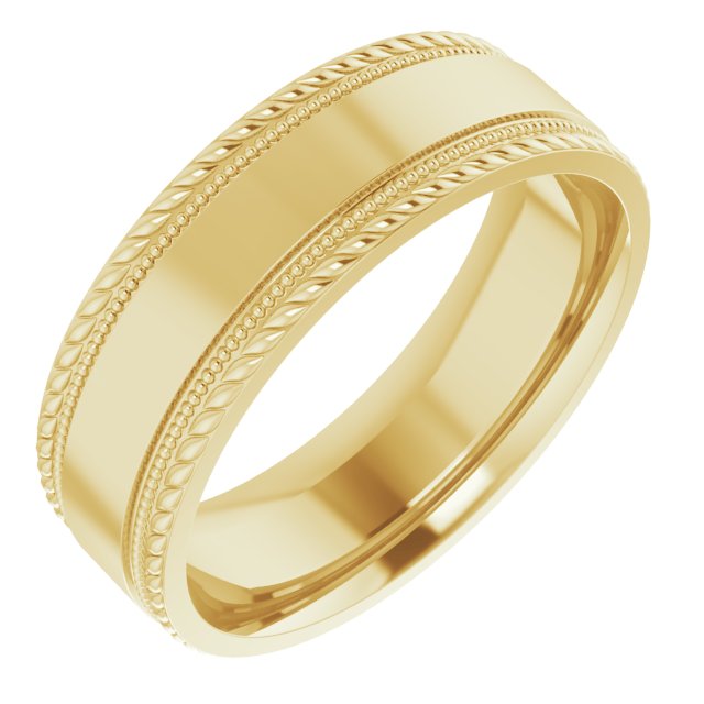 14K Yellow 7 mm Patterned Edge Band Size 10.5