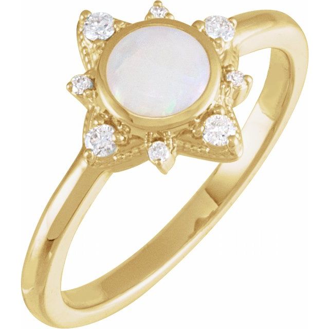14K Yellow Natural White Opal & 1/10 CTW Natural Diamond Halo-Style Ring