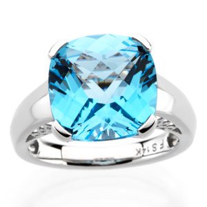 14K White 12x12 Cushion Swiss Blue Topaz Ring