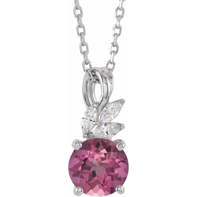 14K White Natural Pink Tourmaline & 1/10 CTW Natural Diamond 16-18 Necklace