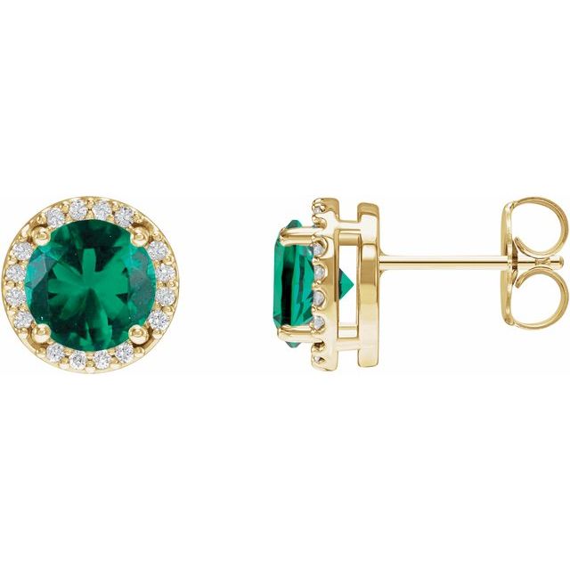14K Yellow Lab-Grown Emerald & 1/10 CTW Natural Diamond Halo-Style Earrings